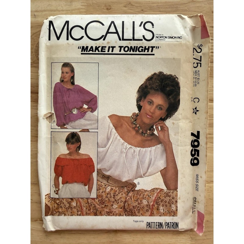 McCall's Pattern 7959 Misses' 1980s Pullover Top Shirt‎ Size Small UNCUT OOP